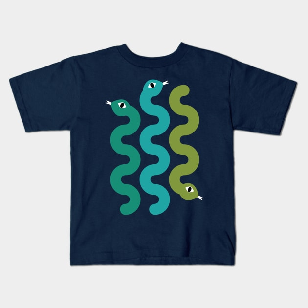 Squiggly Snakes on Midnight Blue – Retro 70s Wavy Snake Pattern Kids T-Shirt by SuzieLondon